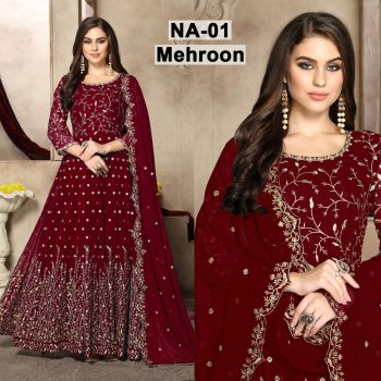 Chiffon Heavy Handwork Embroidered Dress Complete 3 Piece Unstitched Code NA-01 (Mehroon)