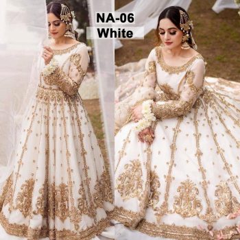 Net Heavy Handwork Embroidered Dress Complete 3 Piece Unstitched Code NA-06 (White)