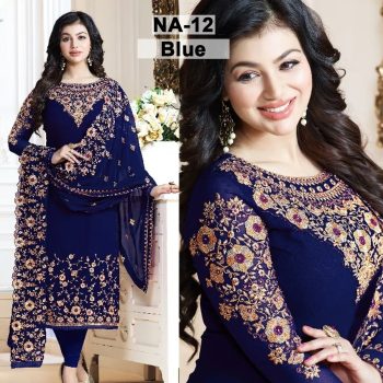 Chiffon Heavy Handwork Embroidered Dress Complete 3 Piece Unstitched Code NA-12 (Blue)