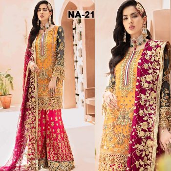 Chiffon Heavy Handwork Embroidered Dress Complete 3 Piece Unstitched Code NA-21