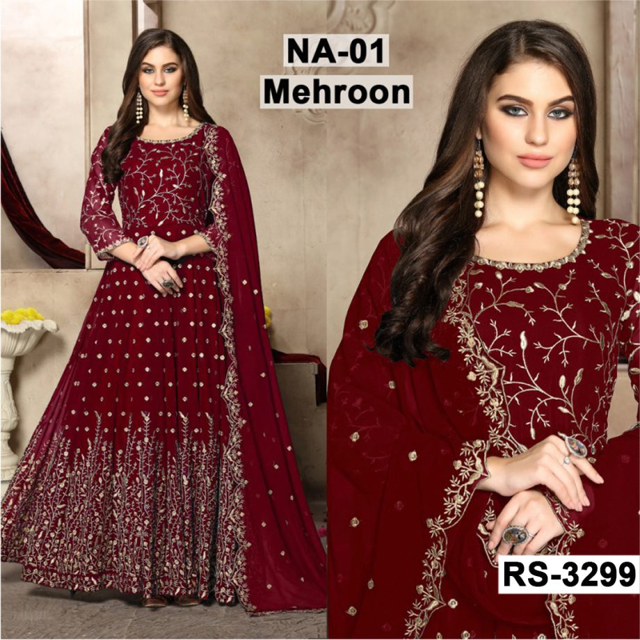 Net Heavy Handwork Embroidered Dress Complete 3 Piece Unstitched Code NA-01 (Mehroon)