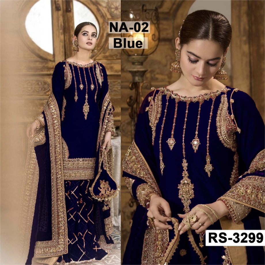 Chiffon Heavy Embroidered Dress Complete 3 Piece Unstitched Code NA-02 (Blue)