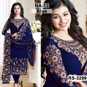 Chiffon Heavy Handwork Embroidered Dress Complete 3 Piece Unstitched Code NA-12 (Blue)