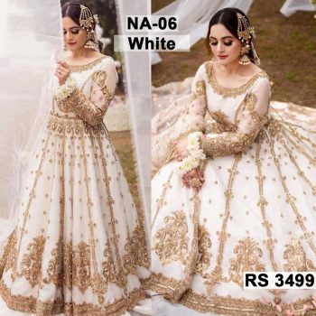 Net Heavy Handwork Embroidered Dress Complete 3 Piece Unstitched Code NA-06 (White)