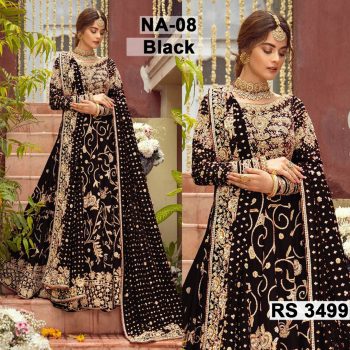 Net Heavy Handwork Embroidered Dress Complete 3 Piece Unstitched Code NA-08 (Black)