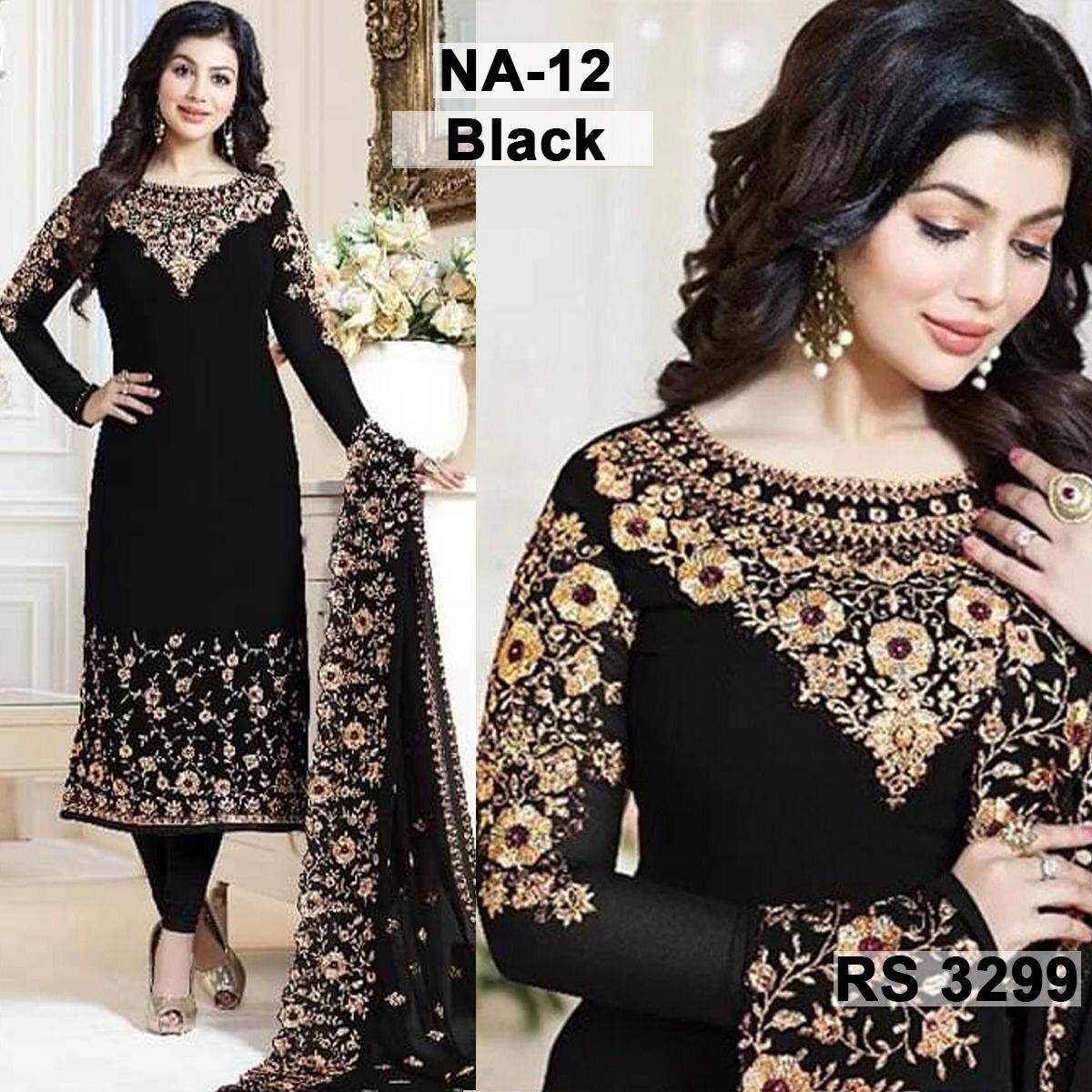 Chiffon Heavy Handwork Embroidered Dress Complete 3 Piece Unstitched Code NA-12 (Black)