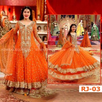 ChiffonHeavy Handwork Embroidered Dress Complete 3 Piece Unstitched Code NA 03 Orange