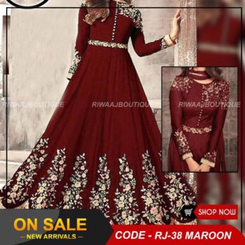 ChiffonHeavy Handwork Embroidered Dress Complete 3 Piece Unstitched Code RJ-38 Maroon